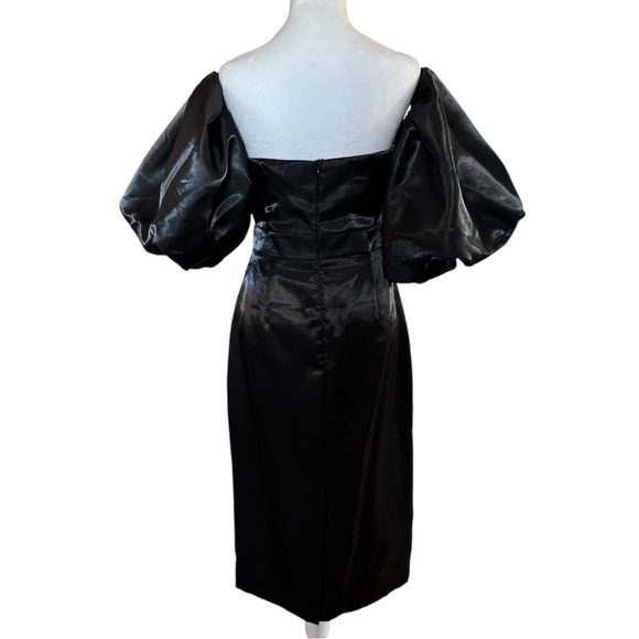 Beulah Style Black Off Shoulder Satin Midi Dress Puff Sleeves - Picture 6 of 16